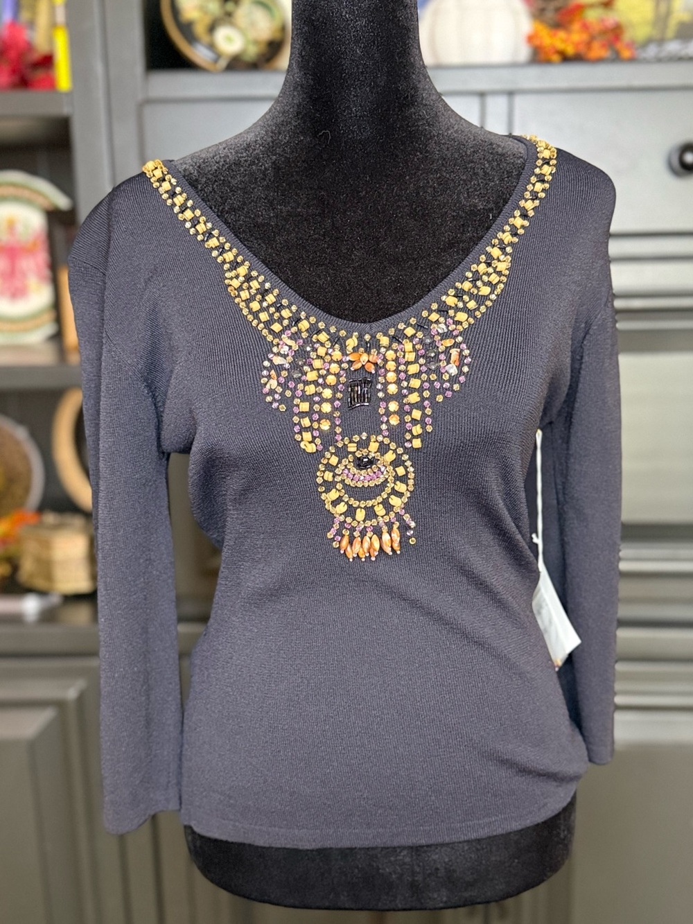NWT Vintage Y2K Joseph A. New York Black V neck beaded sexy chic top small